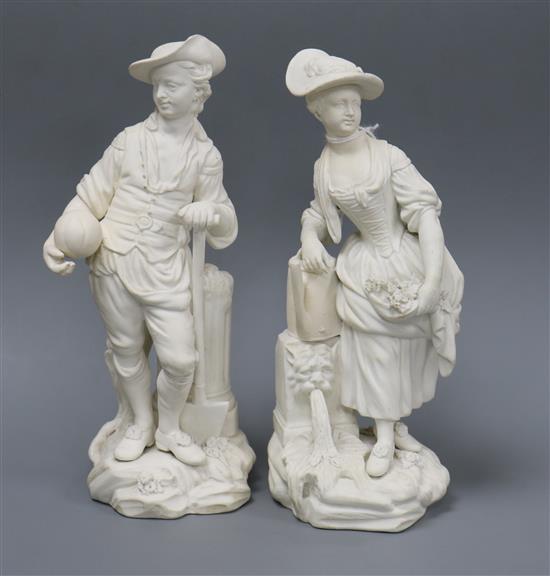 A pair of Derby Neoclassical biscuit figures of a gardener and companion, c.1771 h. 18.5 and 19cm